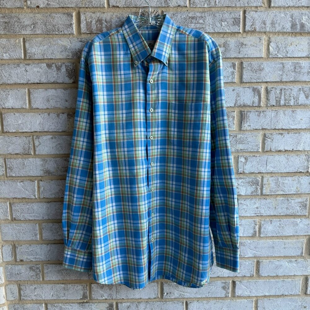 Peter Millar Long Sleeve Button Up Linen Blend Multicolor Plaid Shirt Size L
